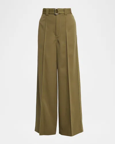 Christopher John Rogers Belted Pintuck Wool Twill Wide-leg Pants In Brown