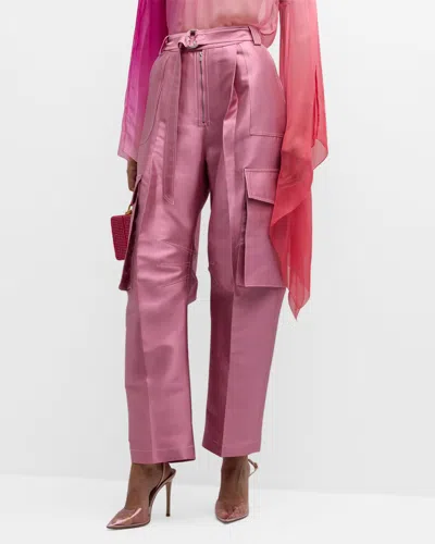 Christopher John Rogers Belted Satin Wide-leg Cargo Pants In Pink