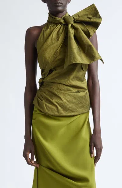 Christopher John Rogers Bow Neck Silk Halter Top In Callaloo