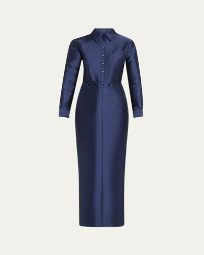 Christopher John Rogers Buttoned Sailor Column Wool Shirtdress In Caviar