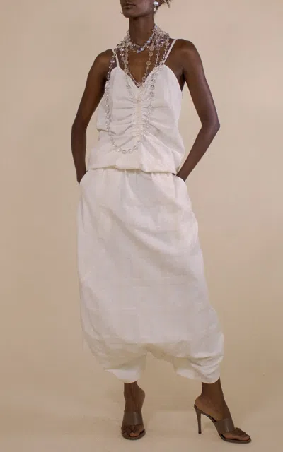 Christopher John Rogers Check Ruche Front Blouson Cotton-linen Cami In White