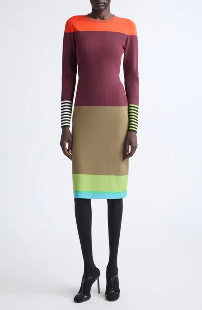 Christopher John Rogers Colorblock Stripe Long Sleeve Sweater Dress In Wine Stain