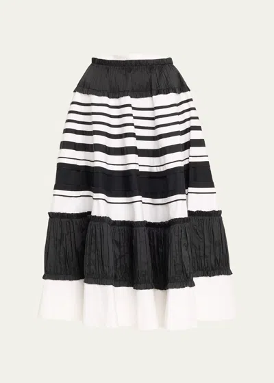 Christopher John Rogers Striped Taffeta And Grosgrain-trimmed Cotton And Silk-blend Twill Midi Skirt In White Multi