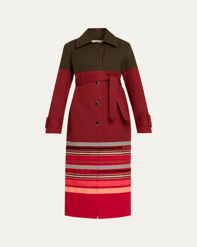 Christopher John Rogers Embroidered Stripe Belted Long Trench Coat