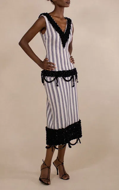 Christopher John Rogers Encrusted Jacquard Stripe V-neck Top In Black
