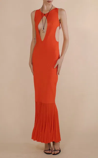Christopher John Rogers Keyhole Fluted Maxi Dress In Orange