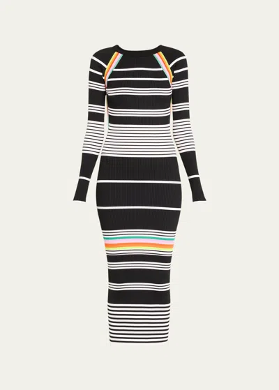 Christopher John Rogers Multi-striped Rib-knit Backless Long-sleeve Dress In Black Multi