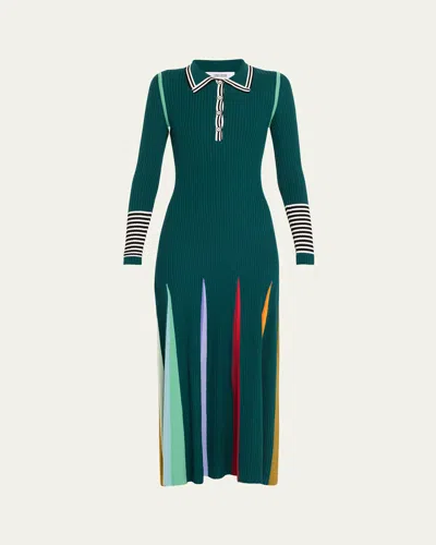 Christopher John Rogers Multicolor Godet-skirt Rib Maxi Polo Dress In Mallard