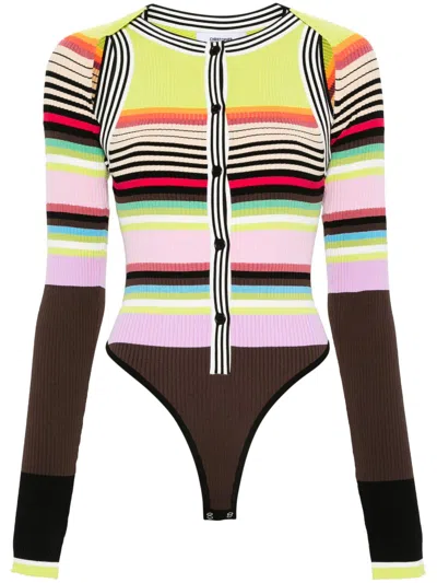 Christopher John Rogers Multicolour Striped Ribbed Bodysuit Set In Green