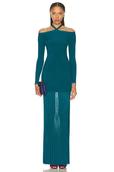 Christopher John Rogers Off-the-shoulder Long Sleeve Knit Gown In Blue