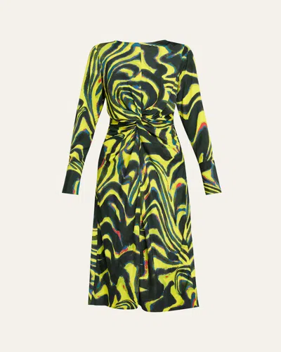 Christopher John Rogers Printed Knotted Waist Midi Dress In Wasabi