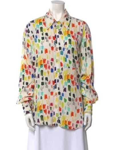 Pre-owned Christopher John Rogers Printed Long Sleeve Button-up Top In White