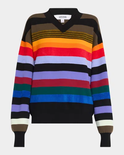 Christopher John Rogers Rainbow Striped V-neck Sweater In Rainbow Multi