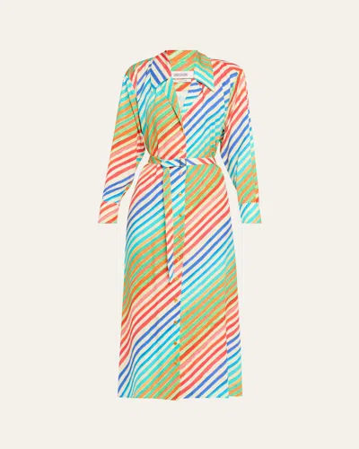 Christopher John Rogers Rainbow Striped Waist-tie Bias Midi Shirtdress In Rainbow Multi