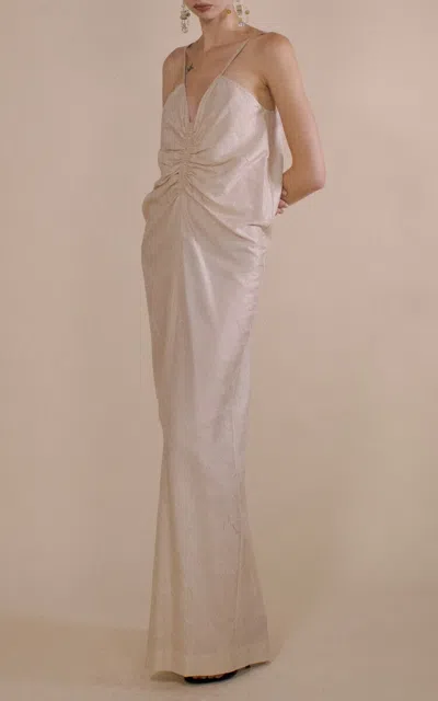 Christopher John Rogers Ruche Front Cami Silk Maxi Dress In Neutral