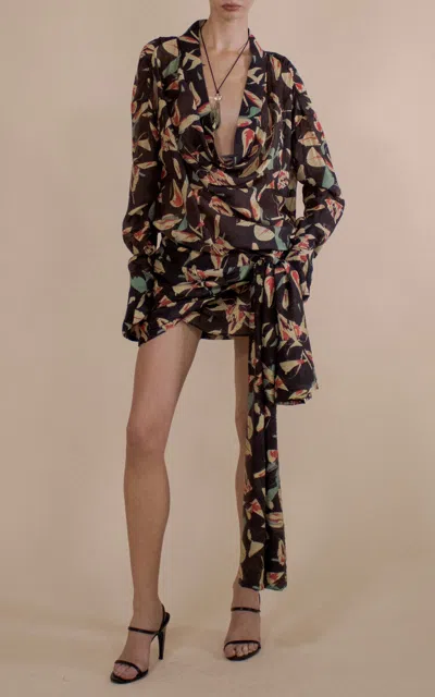 Christopher John Rogers Shattered Tulip Cowl Neck Sarong Mini Dress In Black