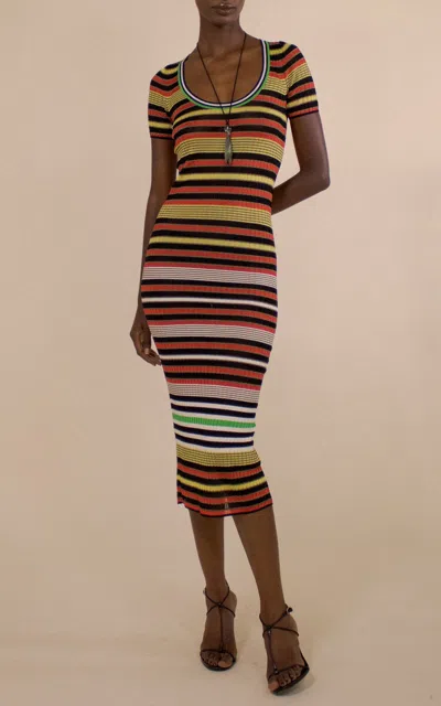 Christopher John Rogers Sheer Ribbed Striped Scoop Neck Midi Dress In Multi
