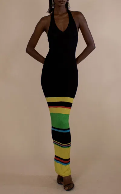 Christopher John Rogers Sheer Striped Hem Halter Ribbed Gown In Black