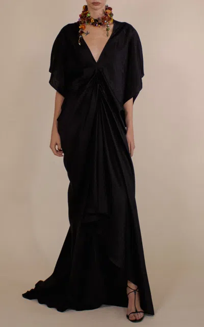 Christopher John Rogers Short Sleeve Tethered Caftan Maxi Dress In Black