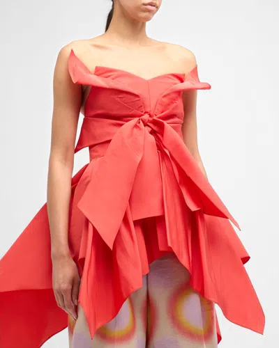Christopher John Rogers Silk Strapless Asymmetric Top With Tie Front Detail In Tomato