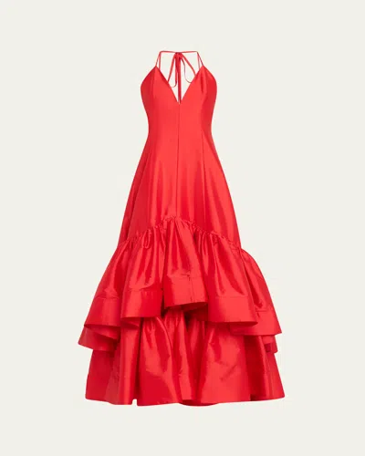 Christopher John Rogers Silk Tiered Ruffle Halter Dress In Maraschino