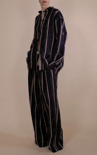 Christopher John Rogers Slub Stripe Band Collar Relaxed Shirt In Black