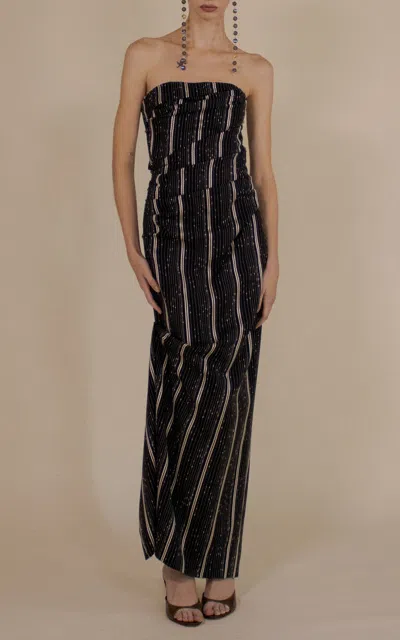 Christopher John Rogers Slub Stripe Strapless Tucked Maxi Dress In Black