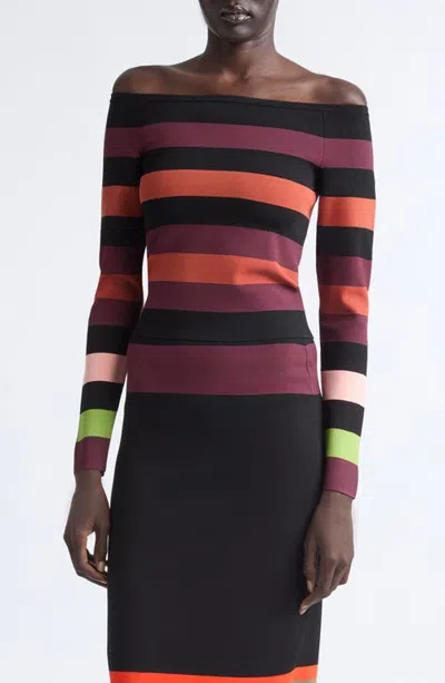 Christopher John Rogers Stripe Off The Shoulder Stretch Jersey Top In Wine Stain Multi
