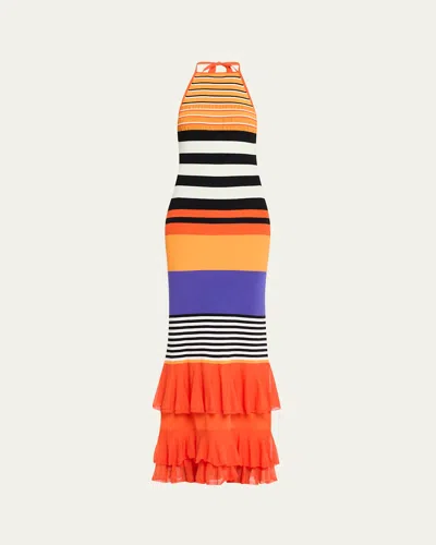 Christopher John Rogers Striped Halter Neck Ruffle Dress