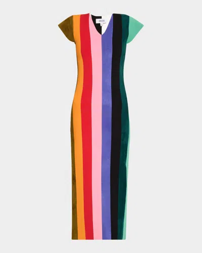 Christopher John Rogers Striped Knit Cap-sleeve Maxi Dress In Rainbow Multi