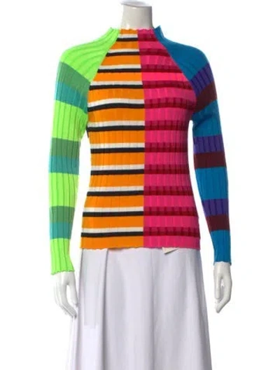 Pre-owned Christopher John Rogers Striped Mock Neck Top In Blue/green/pink