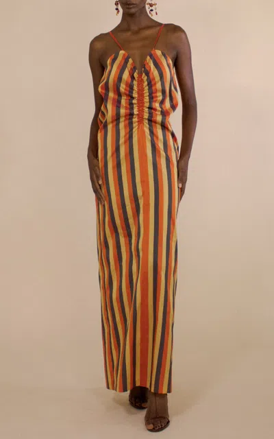 Christopher John Rogers Striped Ruched Front Cami Silk Maxi Dress In Multi