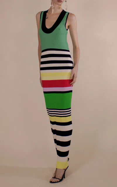 Christopher John Rogers Striped Saucer Neck Ribbed Maxi Dress In Multi