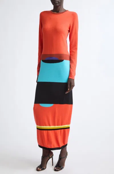 Christopher John Rogers Totem Colorblock Long Sleeve Merino Wool & Silk Maxi Dress In Sriracha