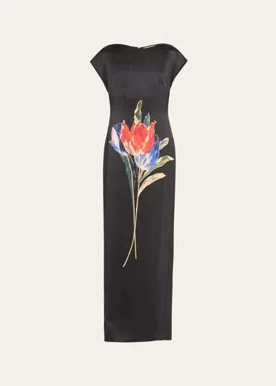 Christopher John Rogers Tulip Print Silk Shift Gown In Black