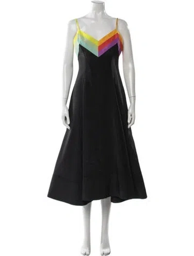 Pre-owned Christopher John Rogers V-neck Midi Length Dress In Black