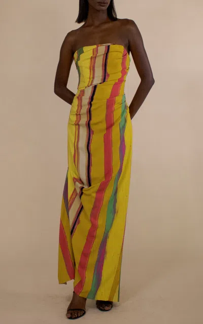 Christopher John Rogers Wheatpaste Stripe Strapless Tucked Maxi Dress In Multi