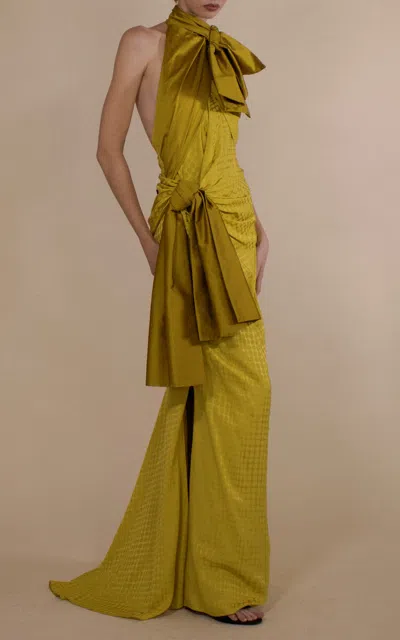 Christopher John Rogers Wiggle Dot Jacquard Double Bow Gown In Yellow