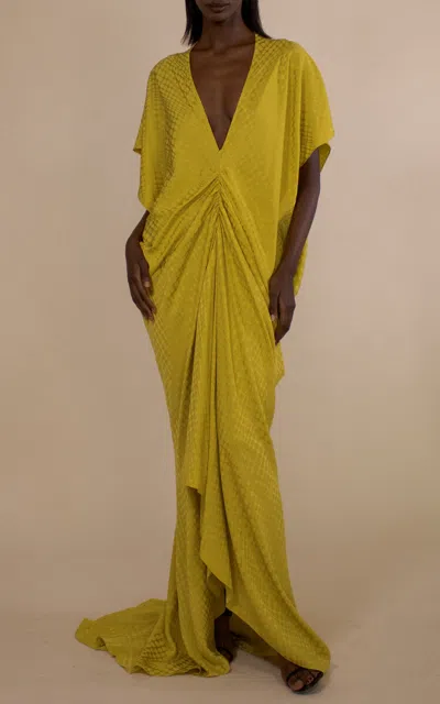 Christopher John Rogers Wiggle Dot Jacquard Short Sleeve Tethered Caftan In Yellow