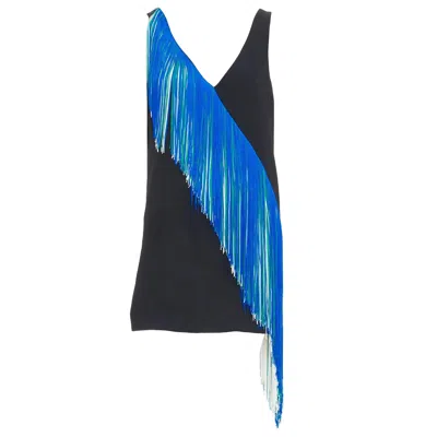 Pre-owned Christopher Kane 2016 Runway Asymmetric Fringing Strip Fringe Mini Dress Uk8 S In Blue
