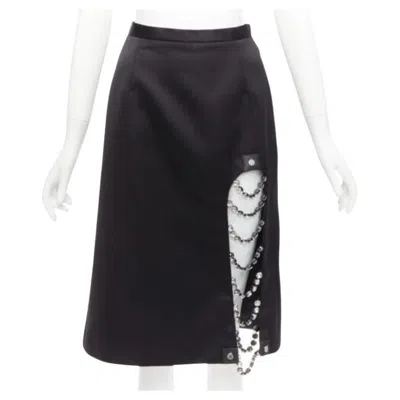 Pre-owned Christopher Kane 2019 Runway Black Satin Silver Jewel Chain Slit Skirt It38 Xs