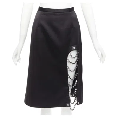 Pre-owned Christopher Kane 2019 Runway Black Satin Silver Jewel Chain Slit Skirt It38 Xs