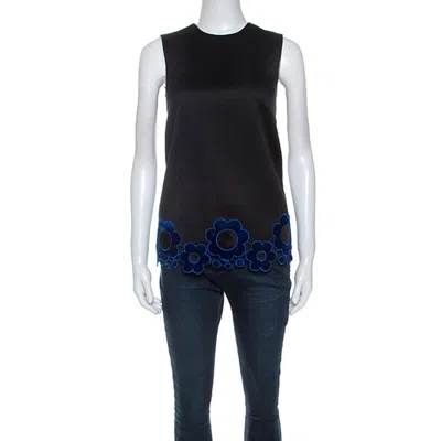 Christopher Kane Black Cotton Blend Flower Applique Trim Sleeveless Top