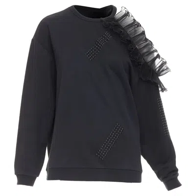 Christopher Kane Black Cotton Ruffle Frill Cut Out Shoulder Studded Sweatshirt S