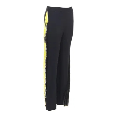 Pre-owned Christopher Kane Black Georgette Yellow White Fringe Trim Trouser Pants Uk8 S
