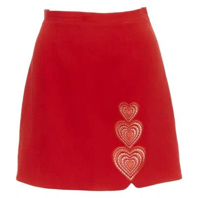 Pre-owned Christopher Kane Heart Embroidered Cut Out Side High Waist A-line Skirt Uk8 S In Red