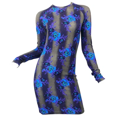 Pre-owned Christopher Kane New  Long Sleeve Bodycon Flower Print Purple + Blue Stripe Dress