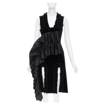 Pre-owned Christopher Kane Runway Black Velvet Satin Paneled Ruffled Midi Dress Uk10 It42