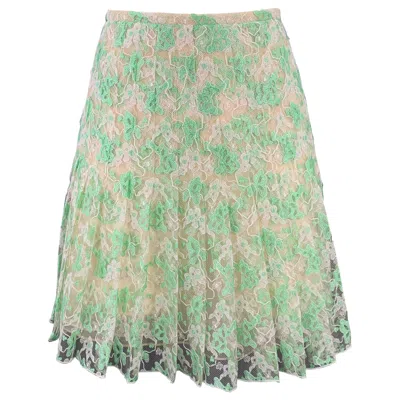 Pre-owned Christopher Kane Size 6 Green Cream Silk Pleated Above Knee Skirt In White