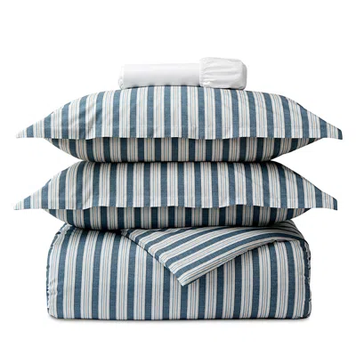 Christy Calder Stripe Cotton Percale 4 Piece Bedding Set, Queen In Blue